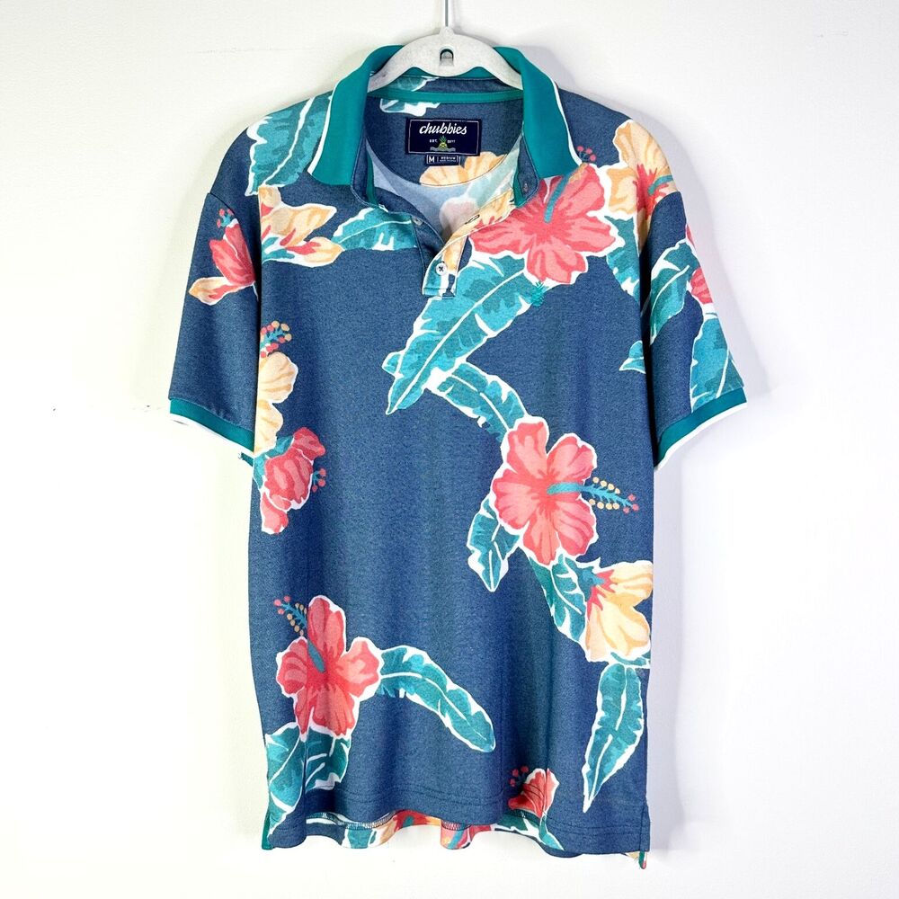 Chubbies Shirt Mens M Blue Floral Polo Pique Tropical Hawaiian Palm Short Slv